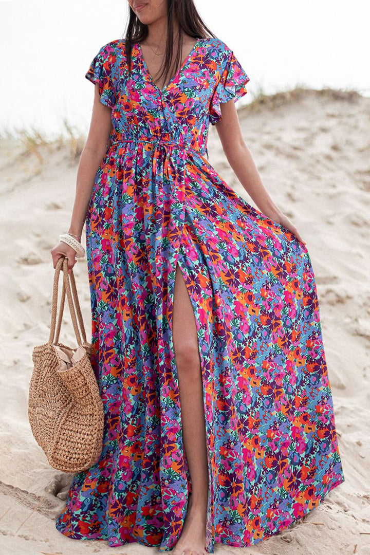PRE-ORDER: Slit Printed Cap Sleeve Maxi Dress