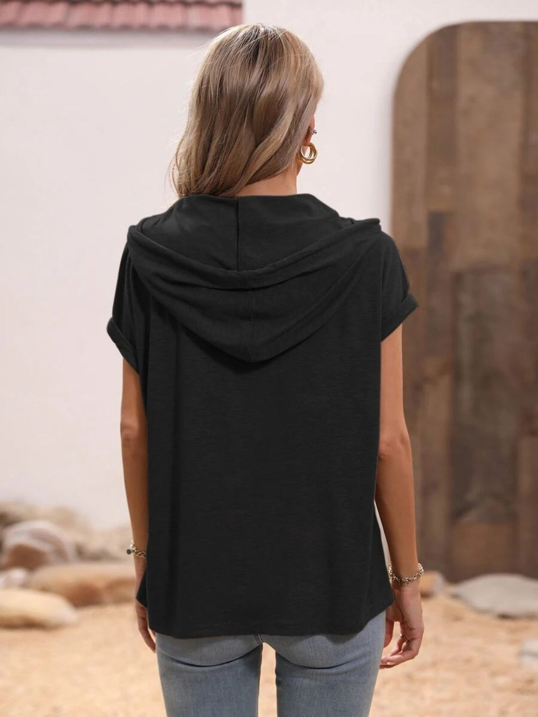 PRE-ORDER: Half Button Hooded Short Sleeve Blouse