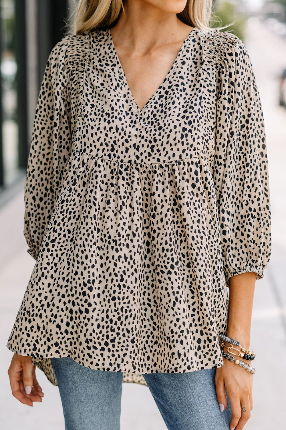 PRE-ORDER: Animal Print V-Neck Three-Quarter Sleeve Blouse