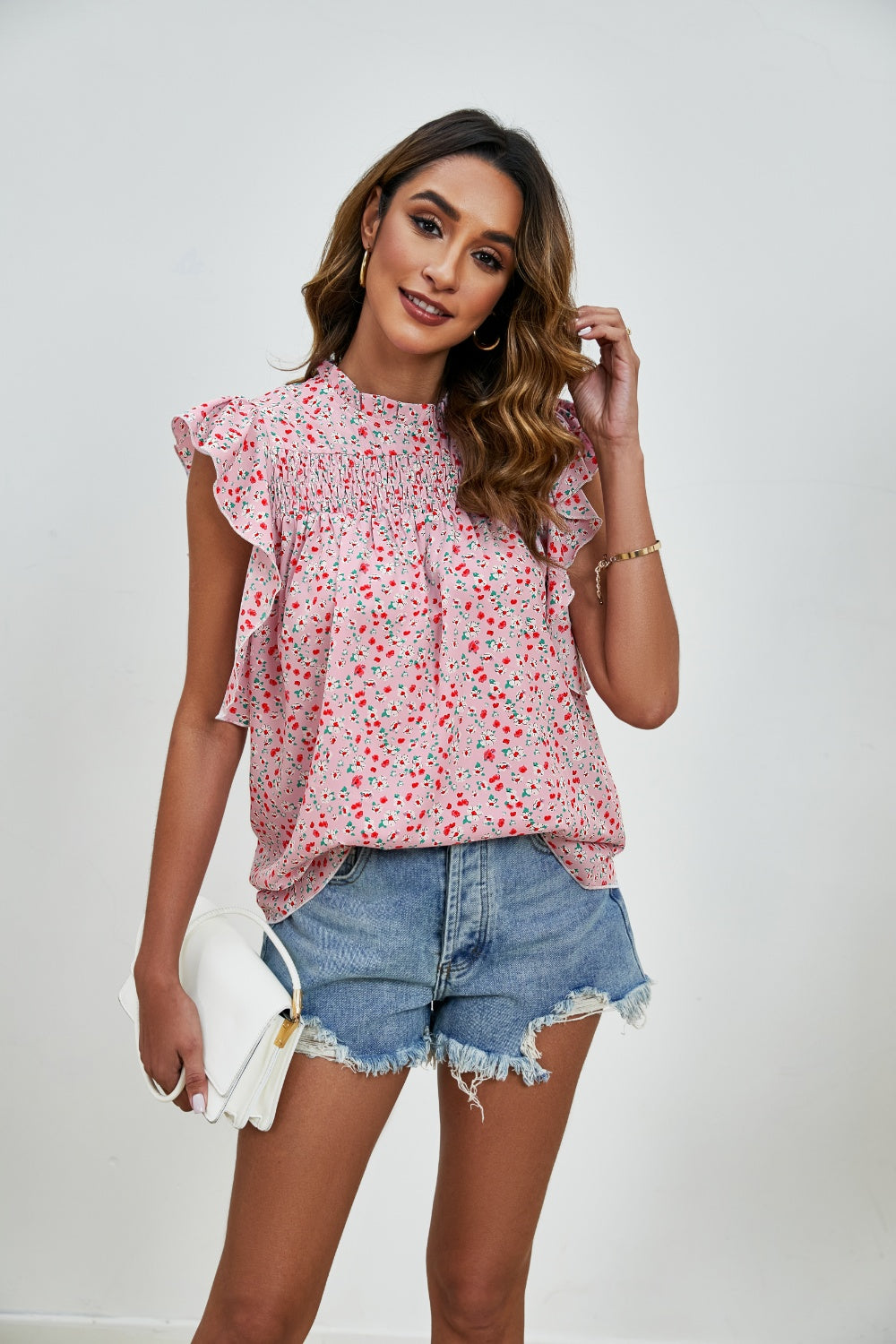 PRE-ORDER: Ruffled Ditsy Floral Mock Neck Cap Sleeve Blouse