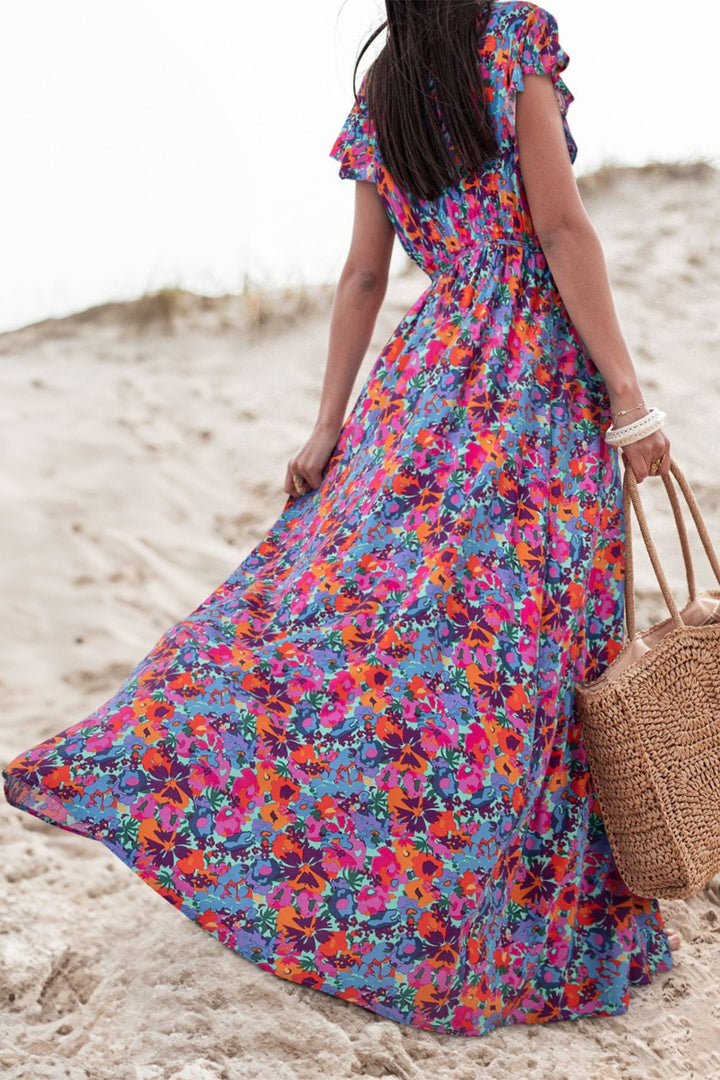 PRE-ORDER: Slit Printed Cap Sleeve Maxi Dress