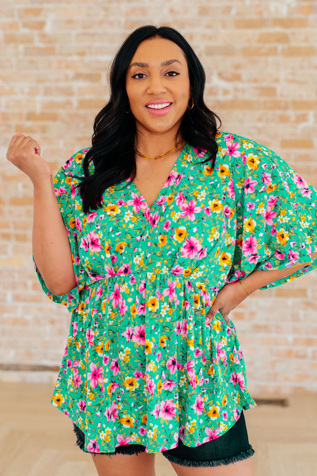 Dreamer Peplum Top in Emerald and Pink Floral