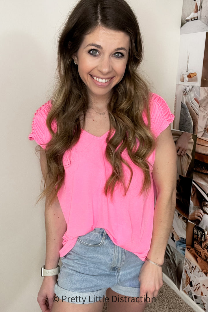 Ruched Cap Sleeve Top in Neon Pink