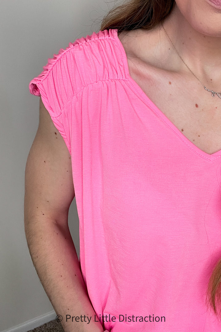Ruched Cap Sleeve Top in Neon Pink