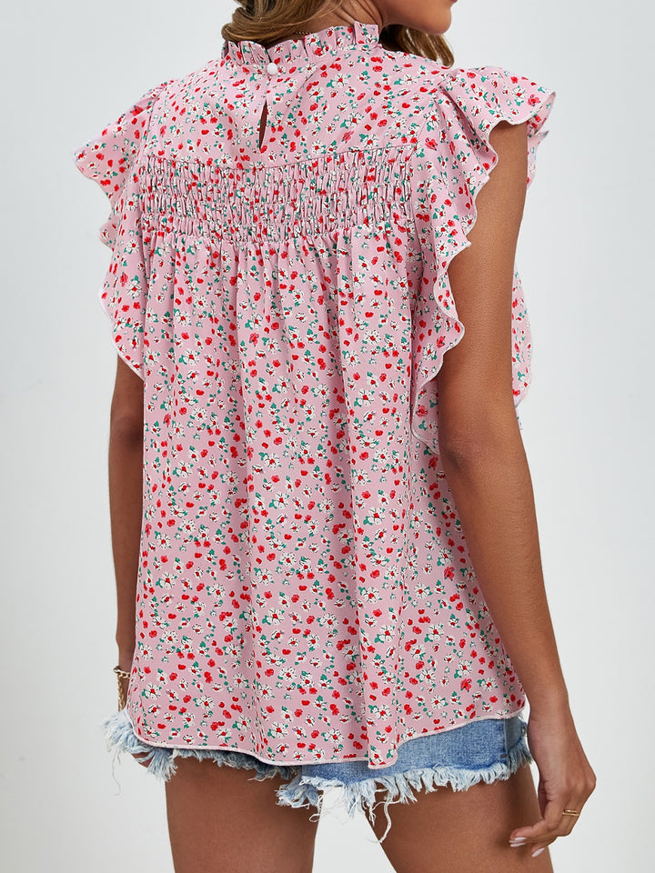 PRE-ORDER: Ruffled Ditsy Floral Mock Neck Cap Sleeve Blouse