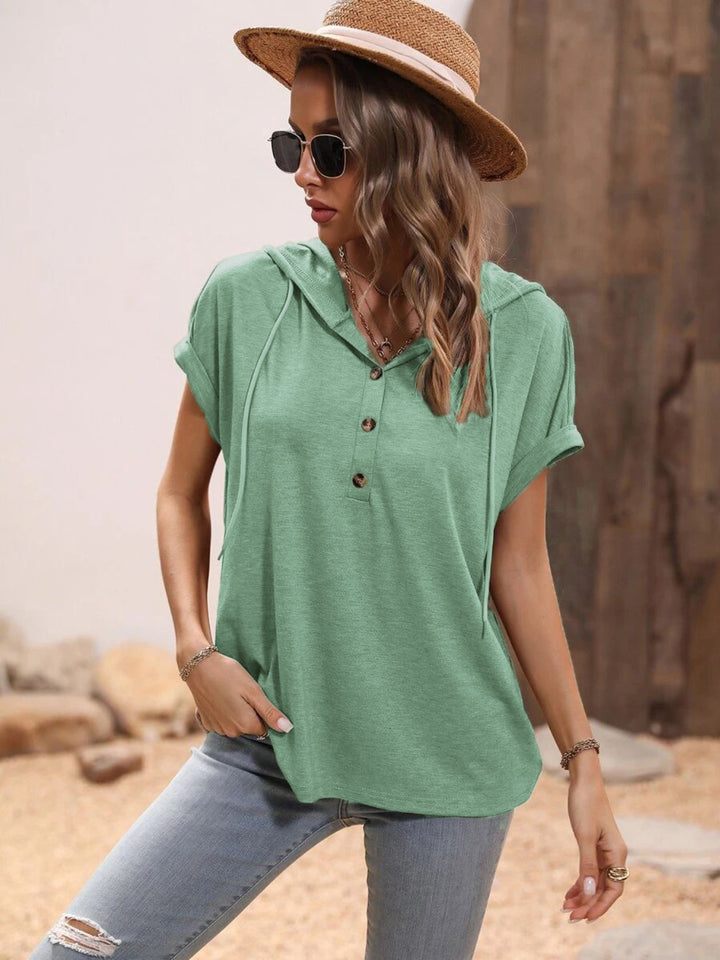PRE-ORDER: Half Button Hooded Short Sleeve Blouse