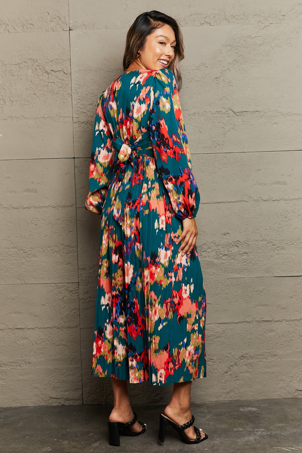 PRE-ORDER: Printed V-Neck Slit Pleated Dress