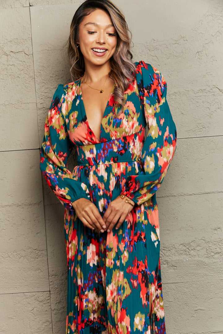 PRE-ORDER: Printed V-Neck Slit Pleated Dress