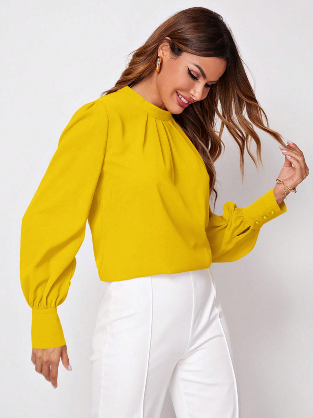 PRE-ORDER: Ruched Mock Neck Long Sleeve Blouse