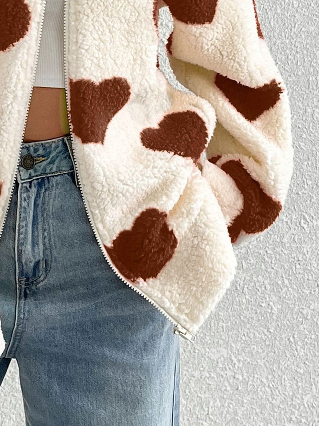 PRE-ORDER: Heart Zip Up Drop Shoulder Furry Jacket