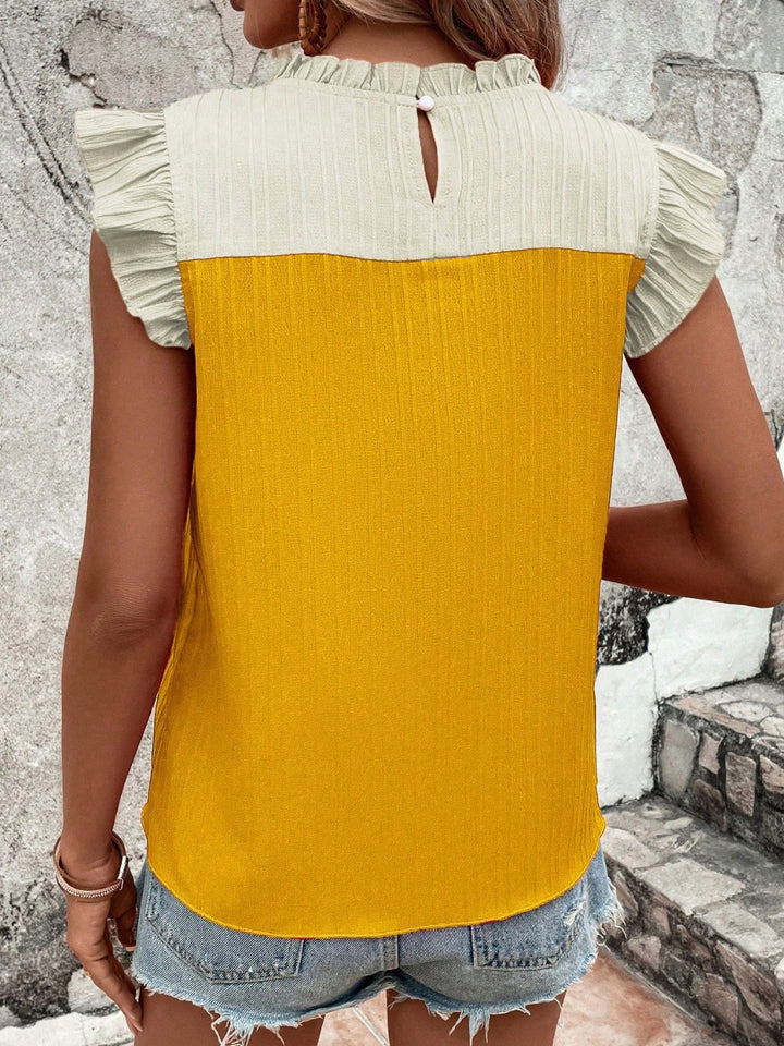 PRE-ORDER: Frill Contrast Round Neck Cap Sleeve Blouse