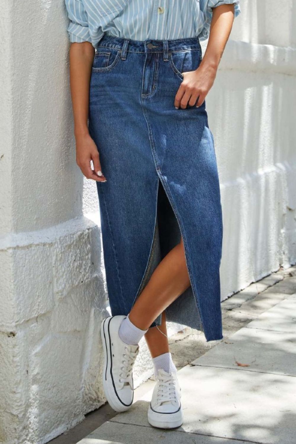 PRE-ORDER: Slit Raw Hem Midi Denim Skirt