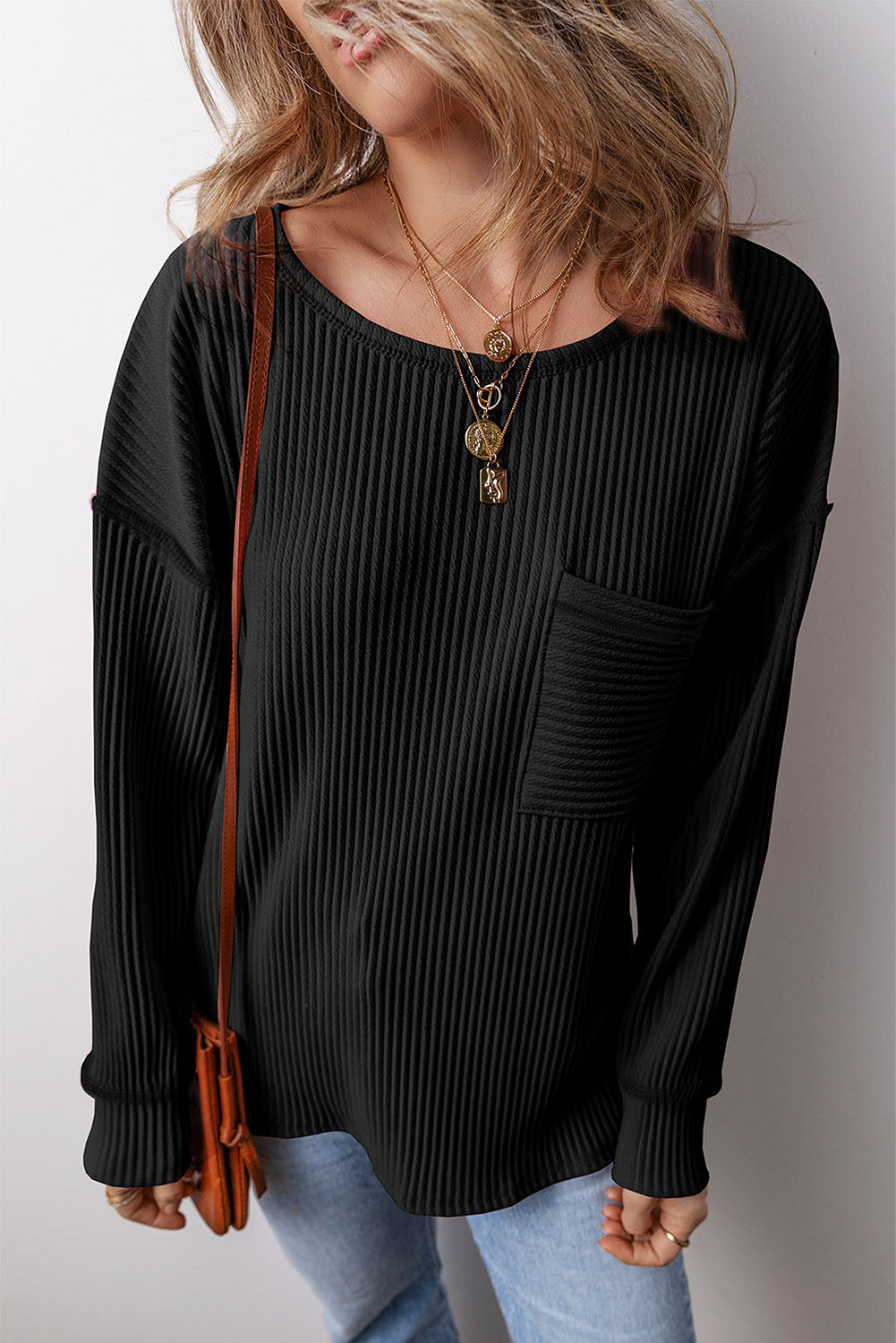 PRE-ORDER: Pocketed Round Neck Long Sleeve Top