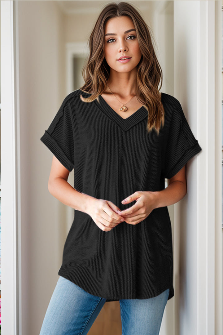 PRE-ORDER: Textured V-Neck Short Sleeve Top