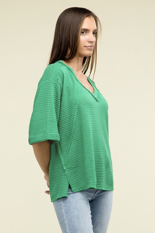 Brushed Waffle Exposed-Seam 3/4 Sleeve Top