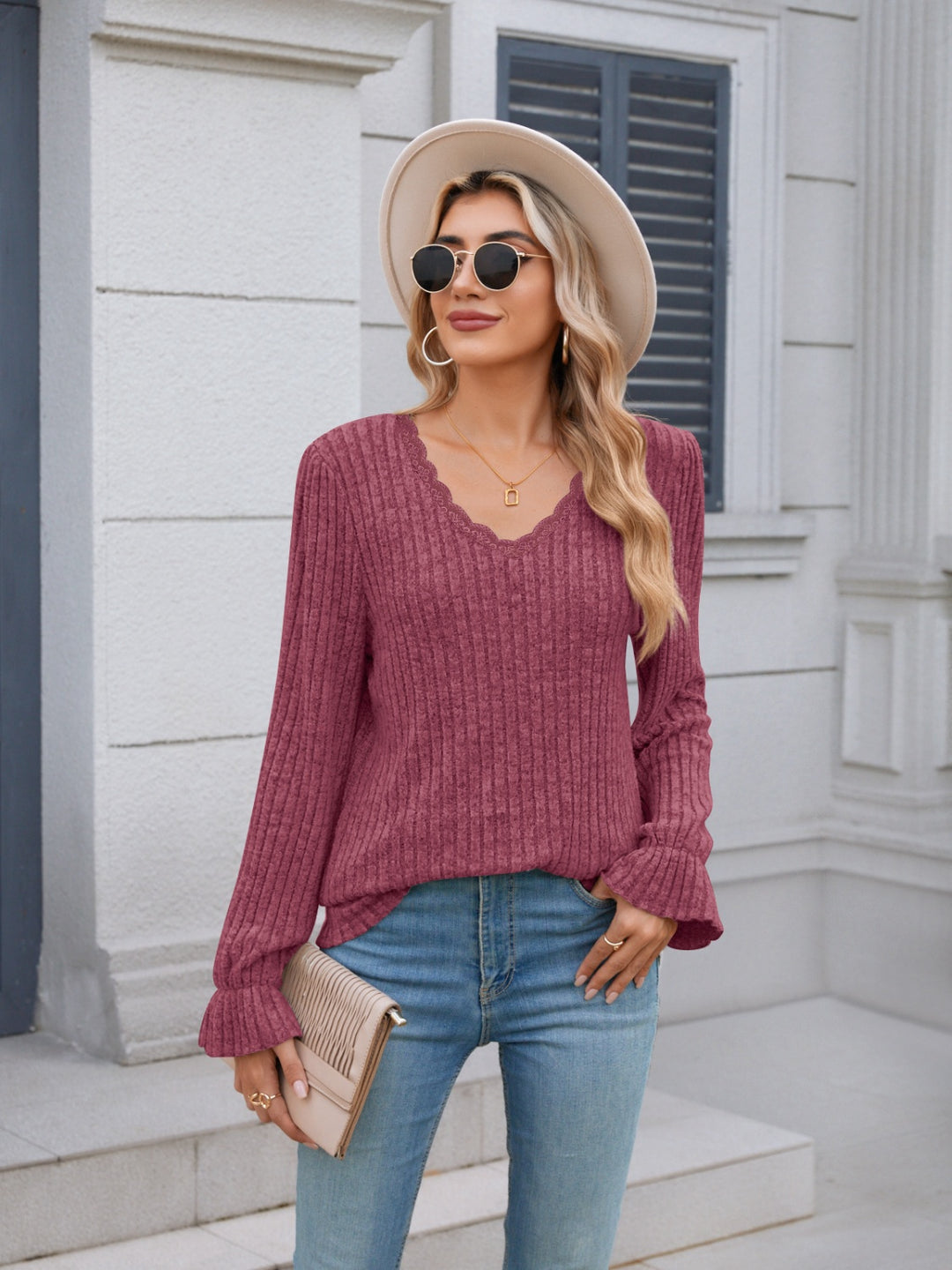 PRE-ORDER: Lace Detail V-Neck Long Sleeve T-Shirt