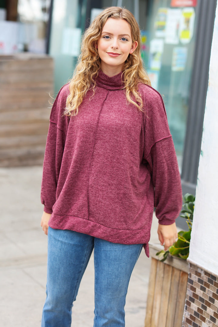 Weekend Ready Burgundy Brushed Mélange Mock Neck Sweater