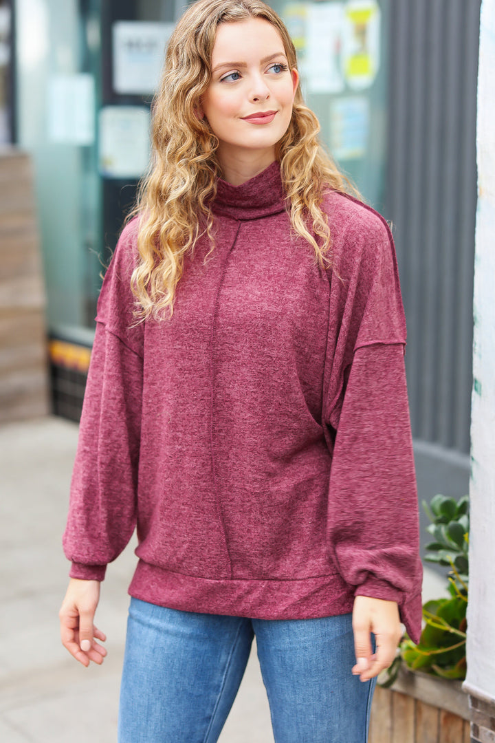 Weekend Ready Burgundy Brushed Mélange Mock Neck Sweater