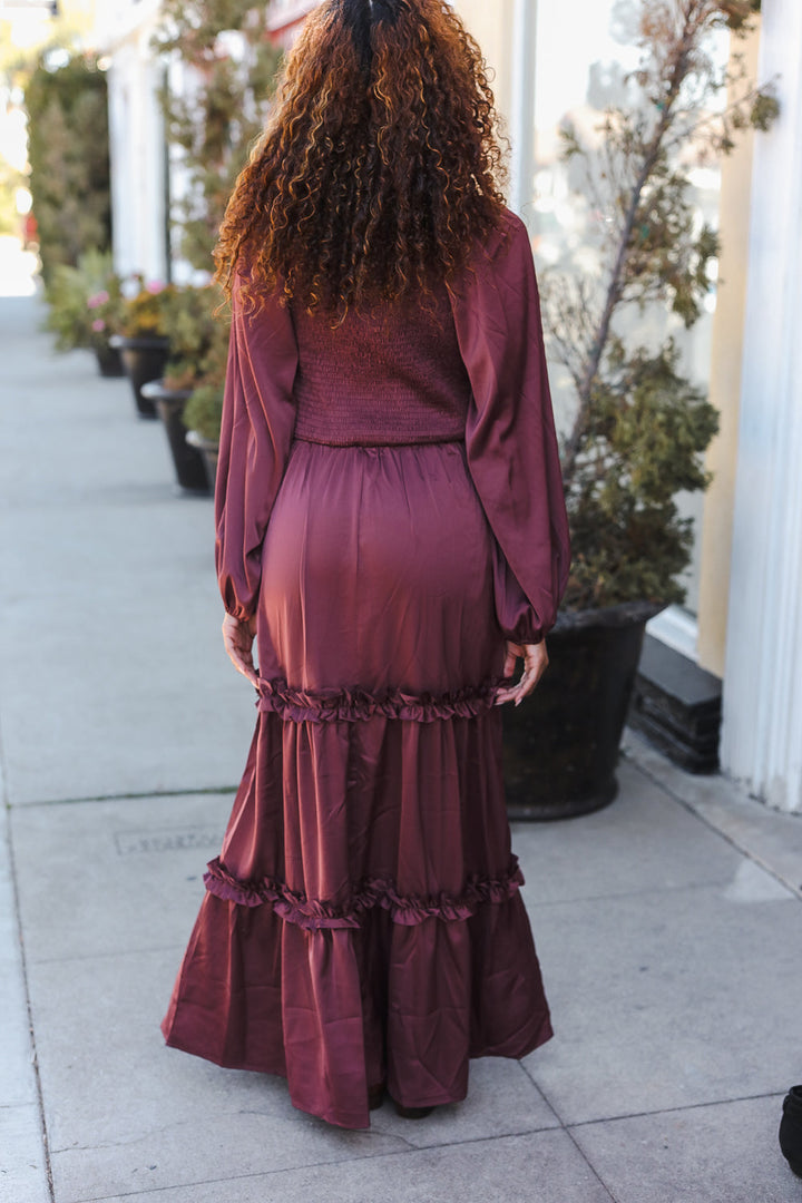 Holiday Vibes Wine Satin Front Overlap Smocked Back Maxi Dress