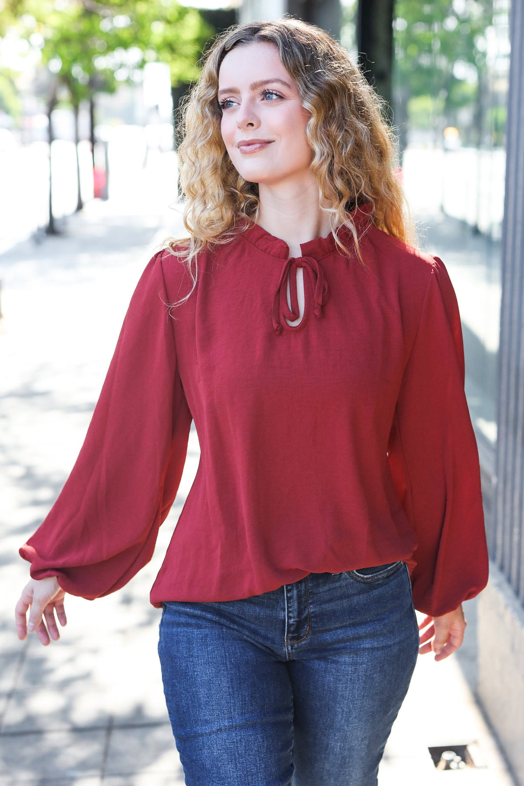 Feeling Femme Off Burgundy Frilled Edge V Neck Tie Top