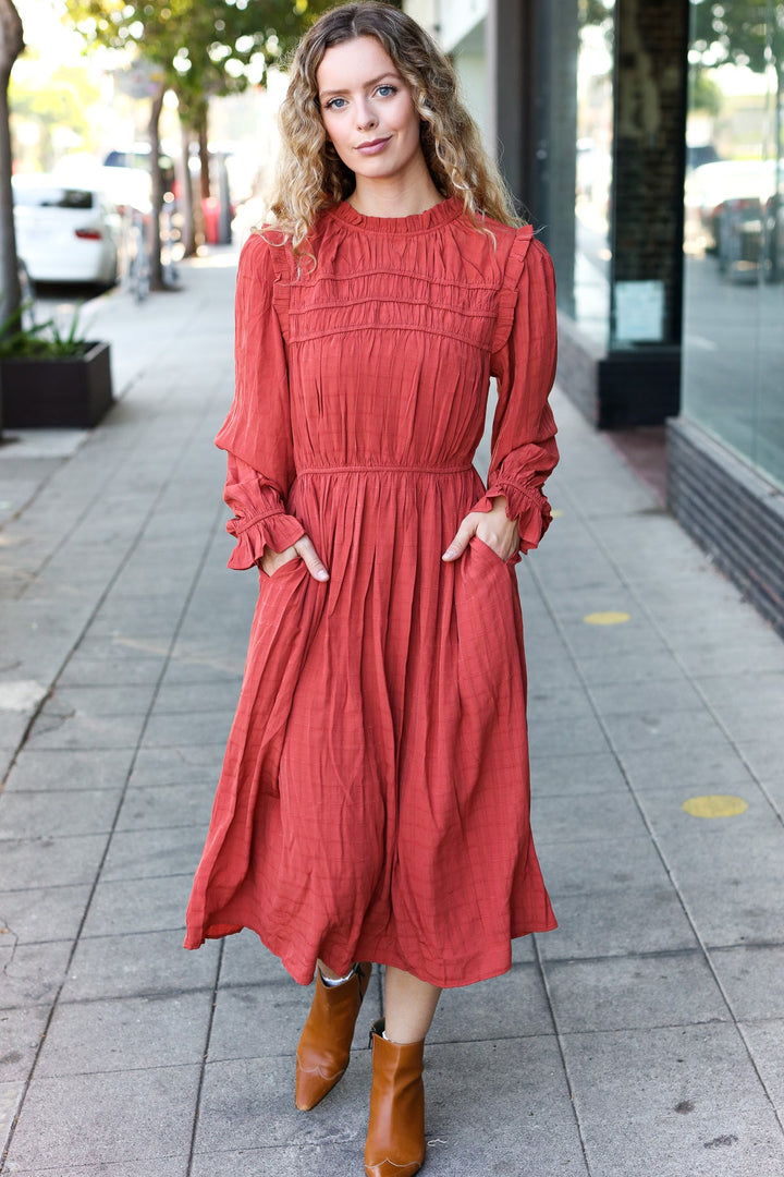 Love Found Rust Mock Neck Embossed Lined Dress