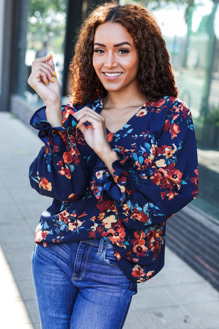 Lovely In Navy Floral Print Smocked Bubble Sleeve Woven Top