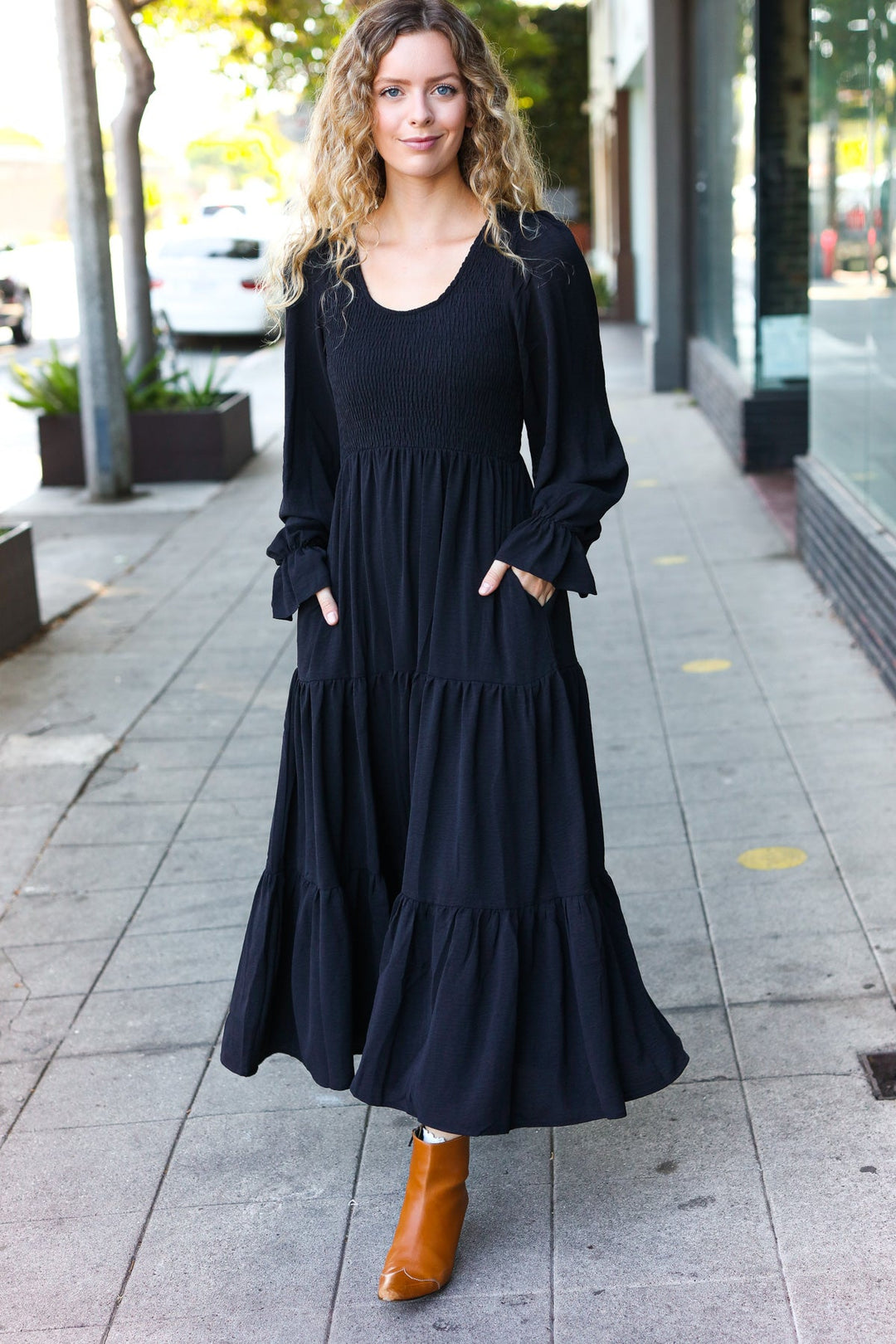 Beautiful You Black Smocked Ruffle Sleeve Maxi Dress