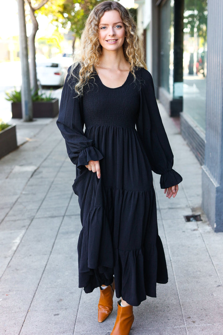 Beautiful You Black Smocked Ruffle Sleeve Maxi Dress