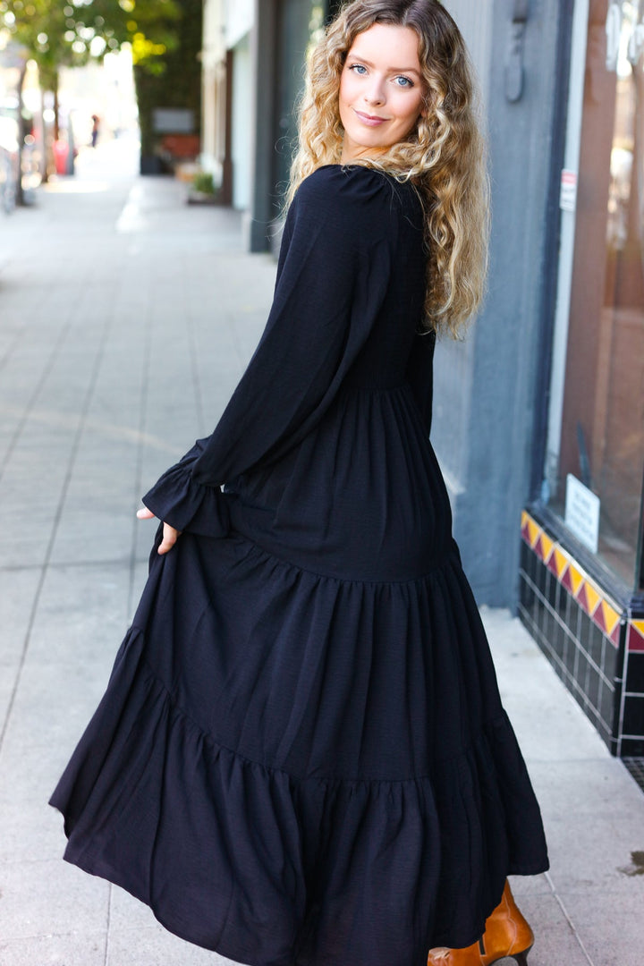 Beautiful You Black Smocked Ruffle Sleeve Maxi Dress