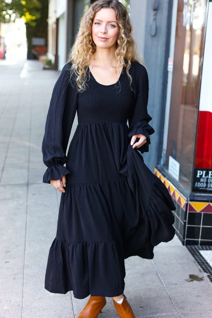 Beautiful You Black Smocked Ruffle Sleeve Maxi Dress