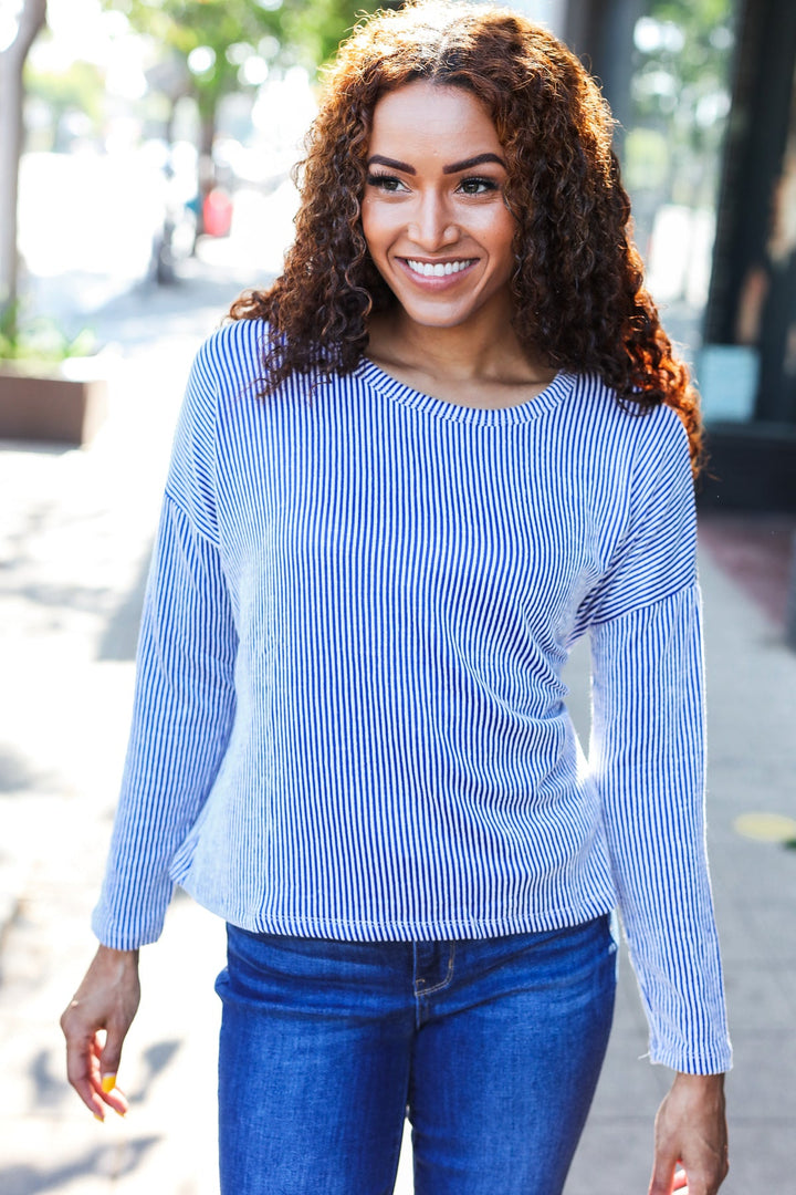 Hello Beautiful Blue Rib Dolman Sweater Top