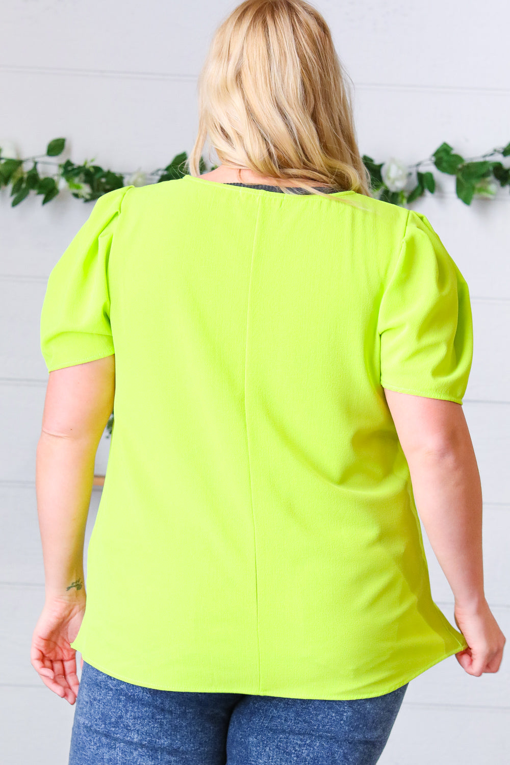 Neon Green Round Neck Puff Sleeve Crepe Top