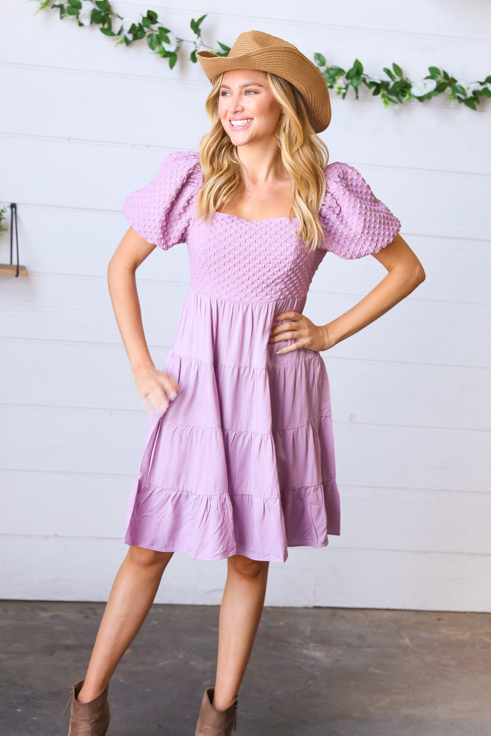 Lilac Embossed Bubble Sleeve Smocked Tiered Babydoll Dress