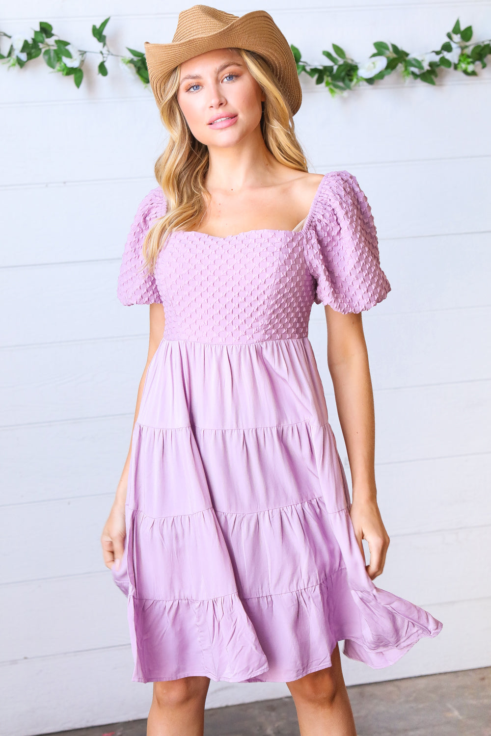 Lilac Embossed Bubble Sleeve Smocked Tiered Babydoll Dress