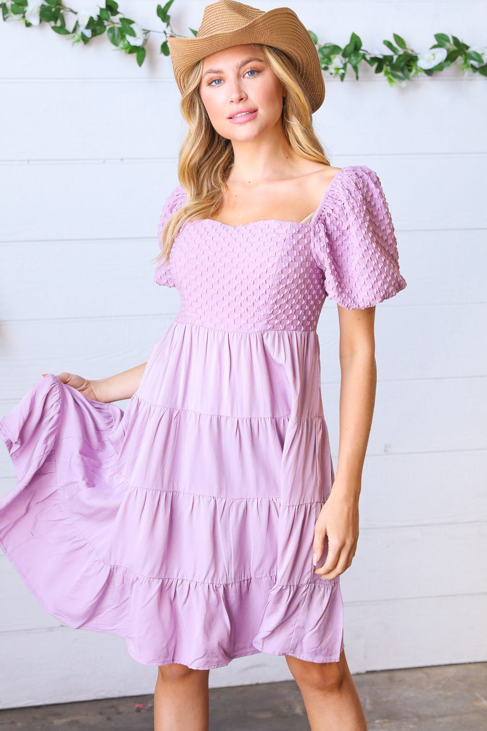 Lilac Embossed Bubble Sleeve Smocked Tiered Babydoll Dress