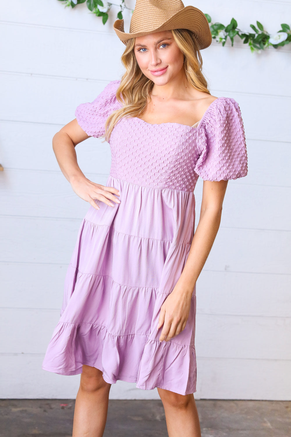 Lilac Embossed Bubble Sleeve Smocked Tiered Babydoll Dress