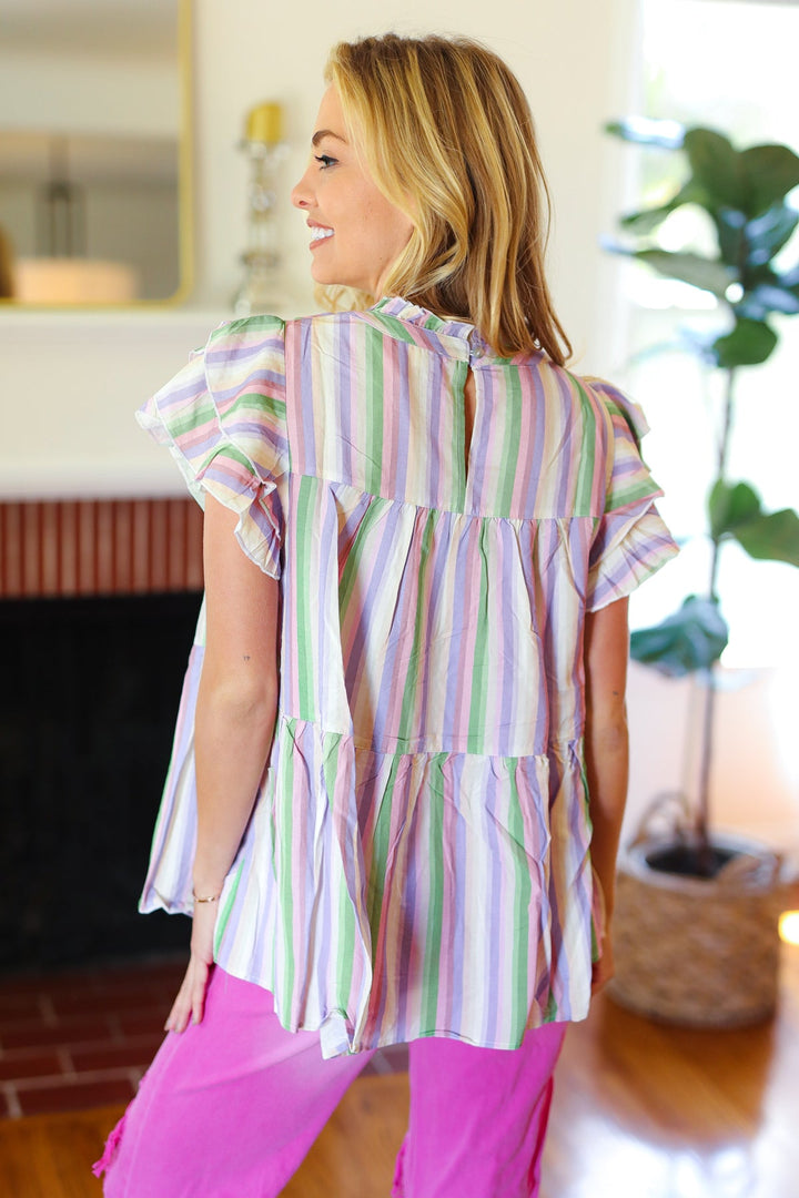 Easy To Love Lavender Stripe Double Ruffle Sleeve Frill Tiered Top