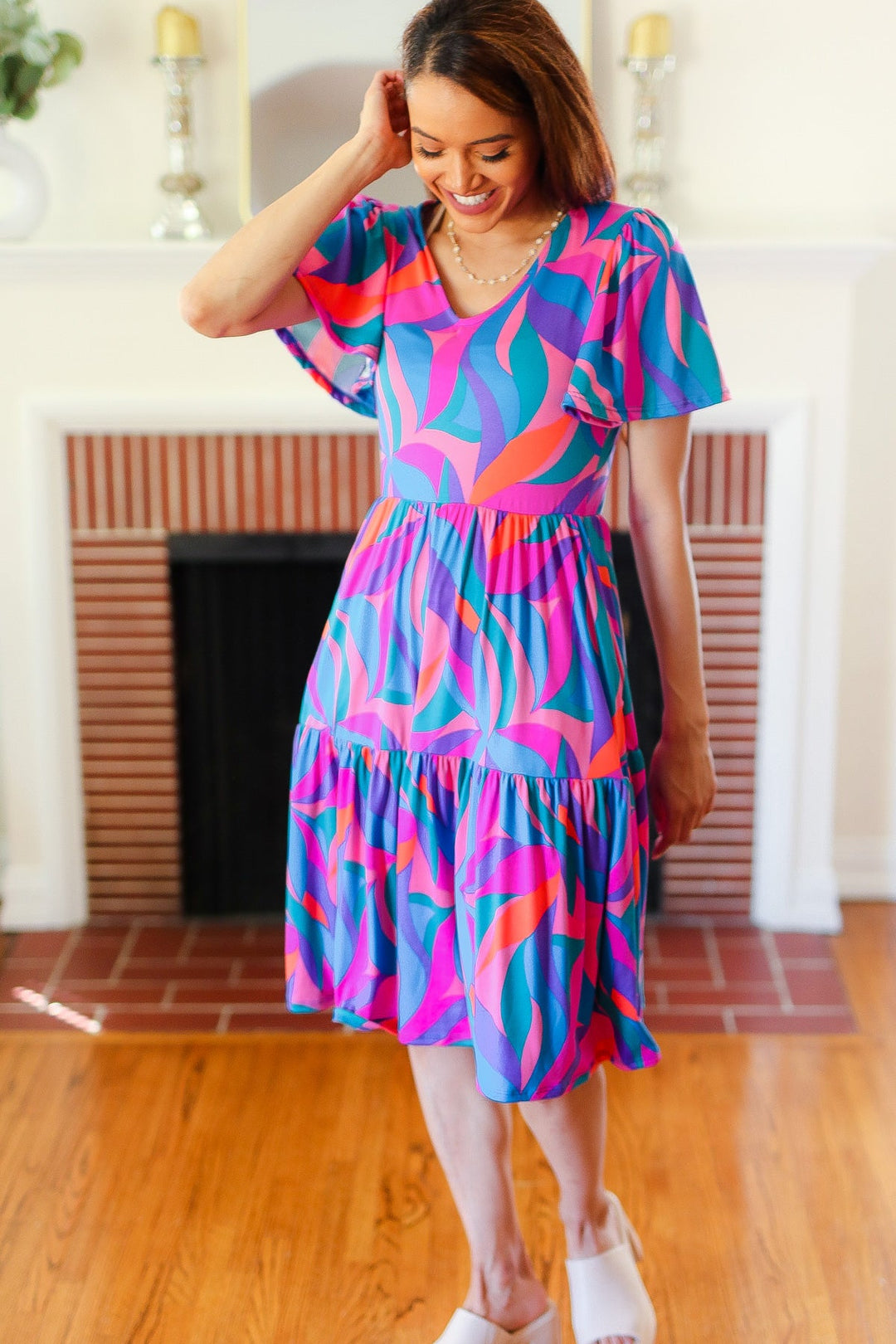 Remember Me Blue & Fuchsia Geo Print V Neck Dress