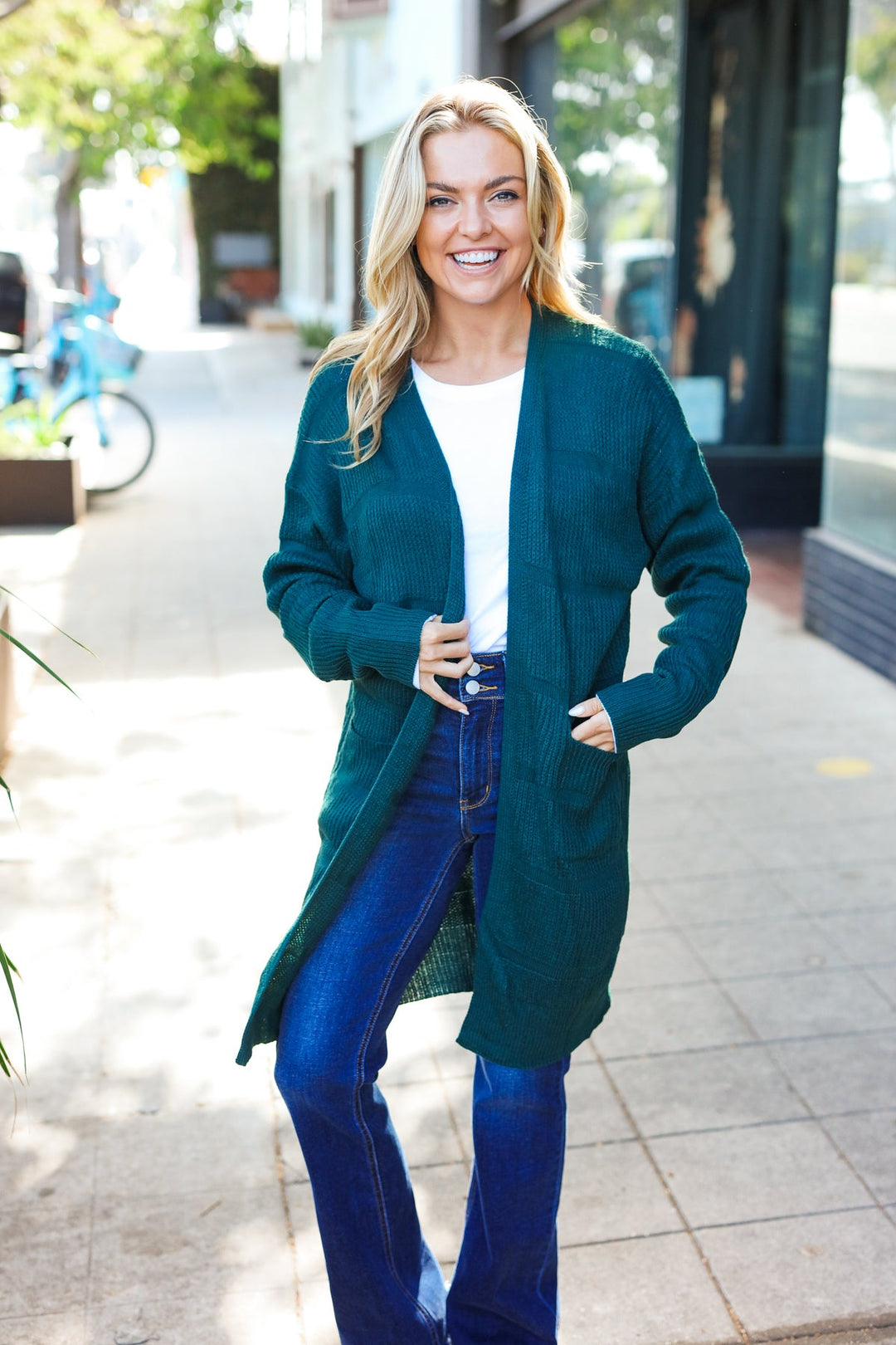 Everyday Hunter Green Striped Knit Open Cardigan