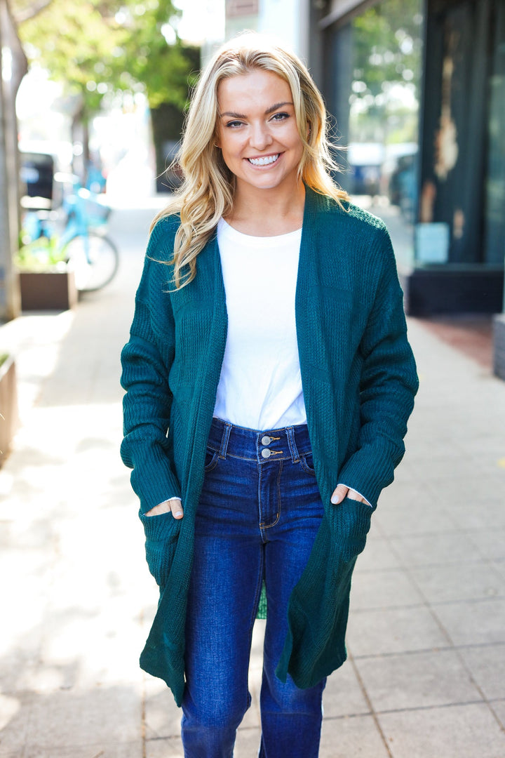 Everyday Hunter Green Striped Knit Open Cardigan