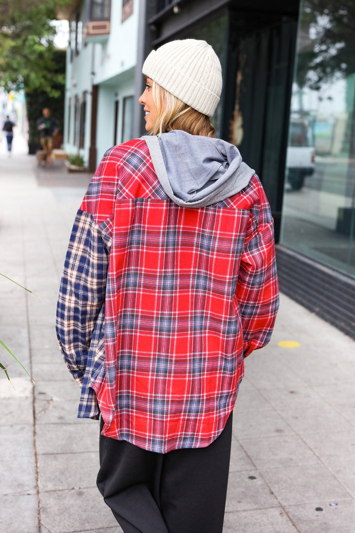 Main Attraction Red & Navy Plaid Color Block Button Down Hoodie