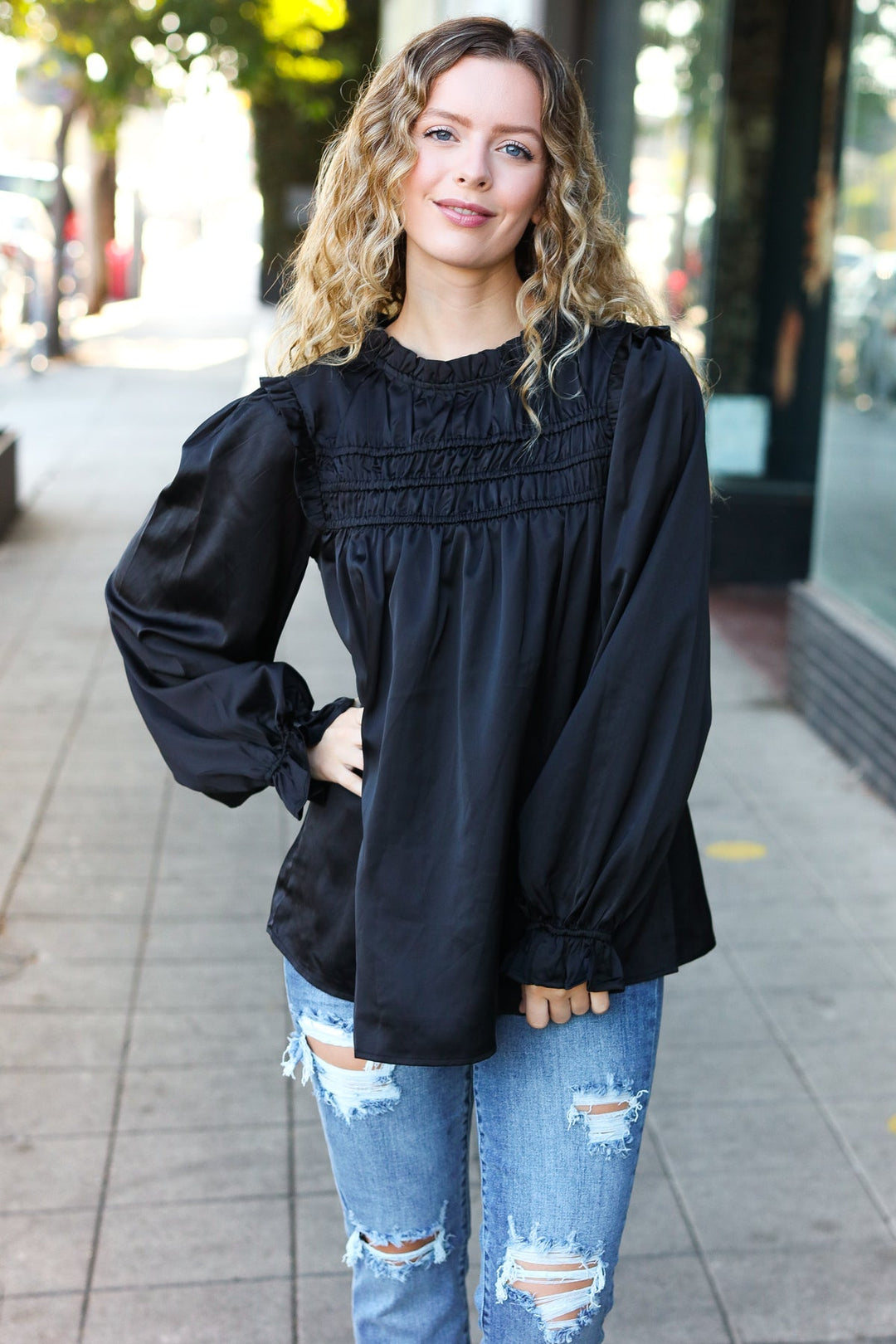 Be Your Best Black Satin Shirred Yoke Frilled Mock Neck Top