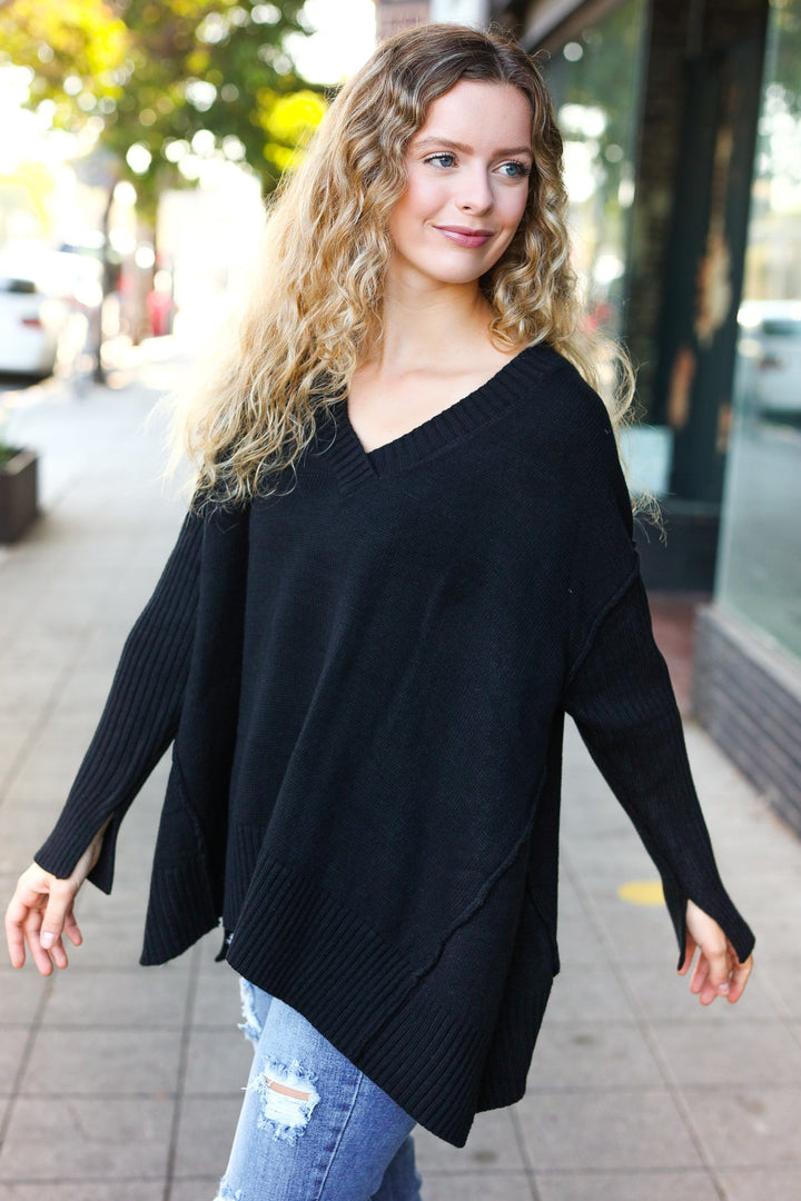 Casual Chic Black Oversized V Neck Rib Knit Sweater