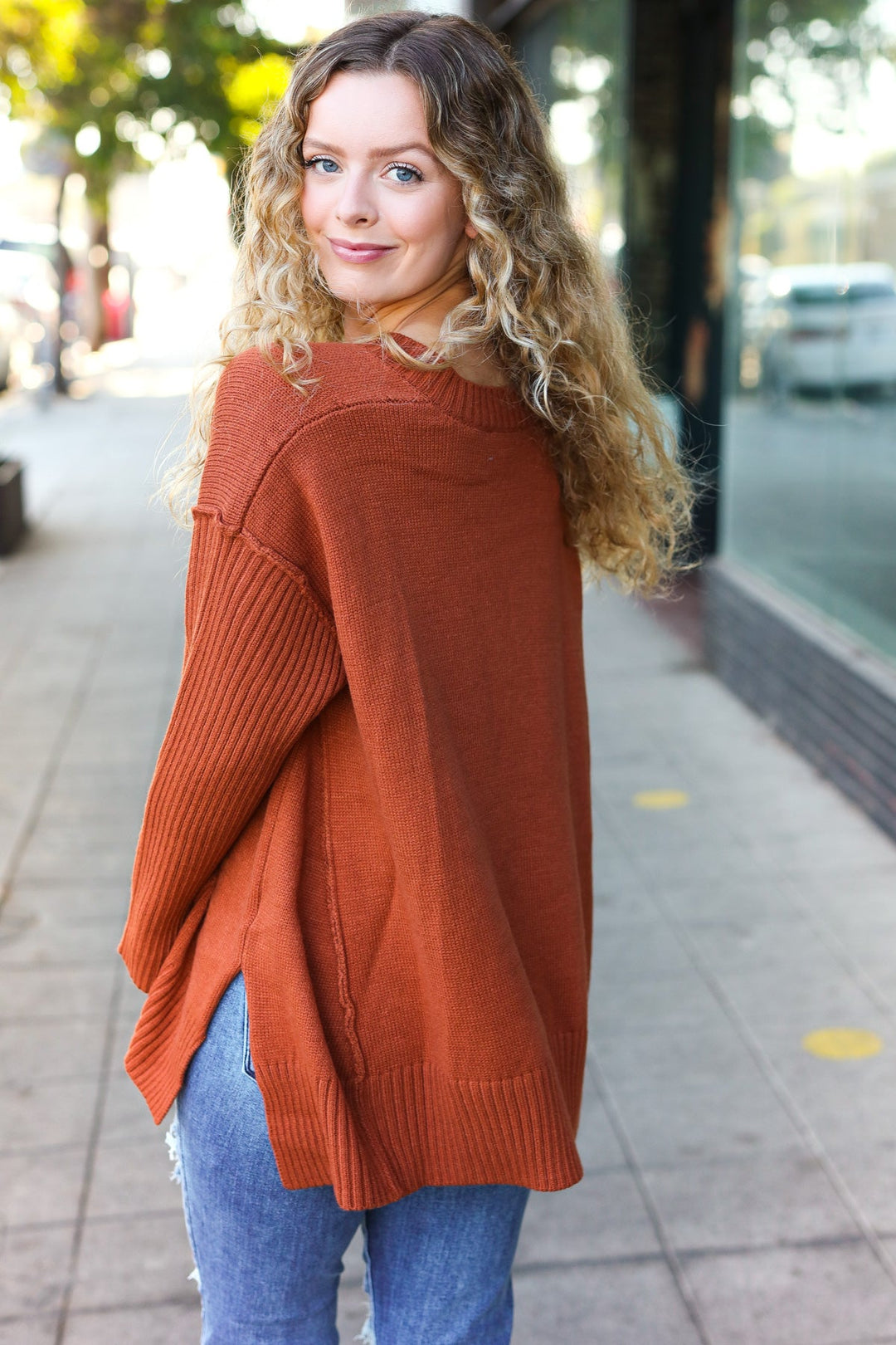 Casual Chic Rust Oversized V Neck Rib Knit Sweater