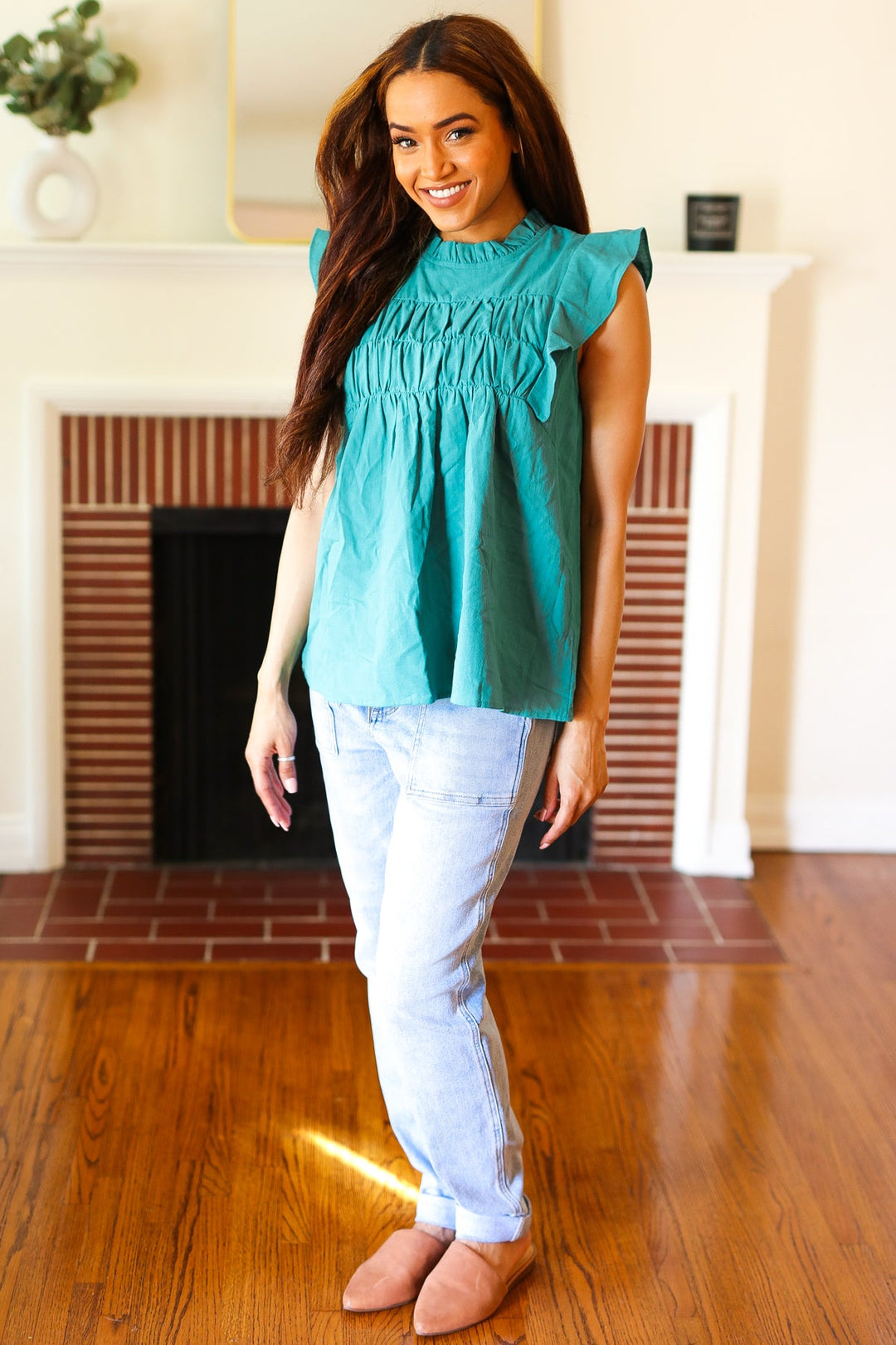 Love Life Cotton Turquoise Frill Mock Neck Flutter Sleeve Top