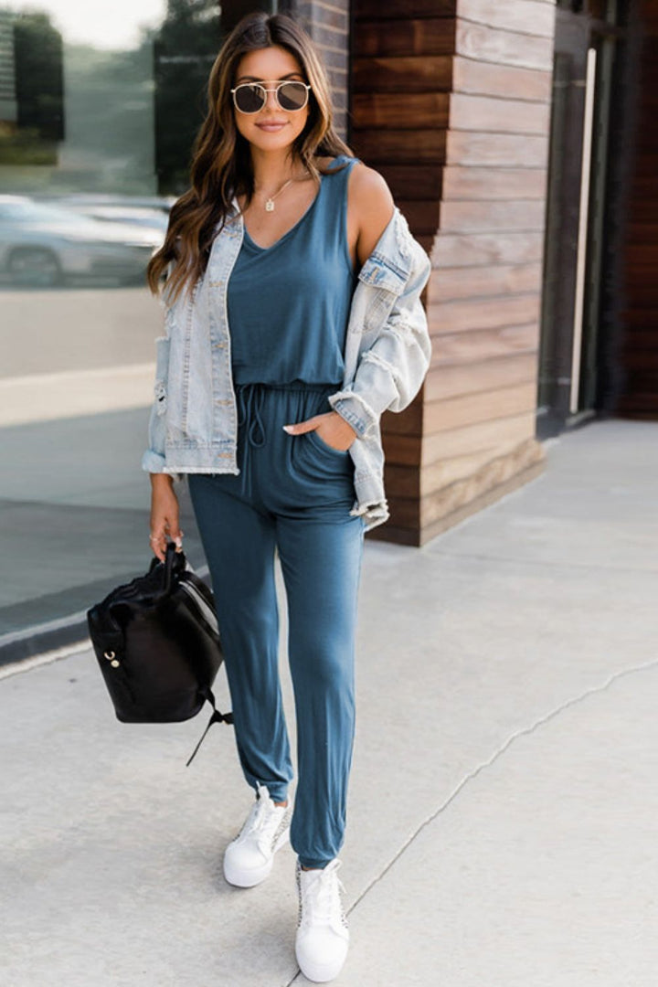 PRE-ORDER: Drawstring Round Neck Sleeveless Jumpsuit