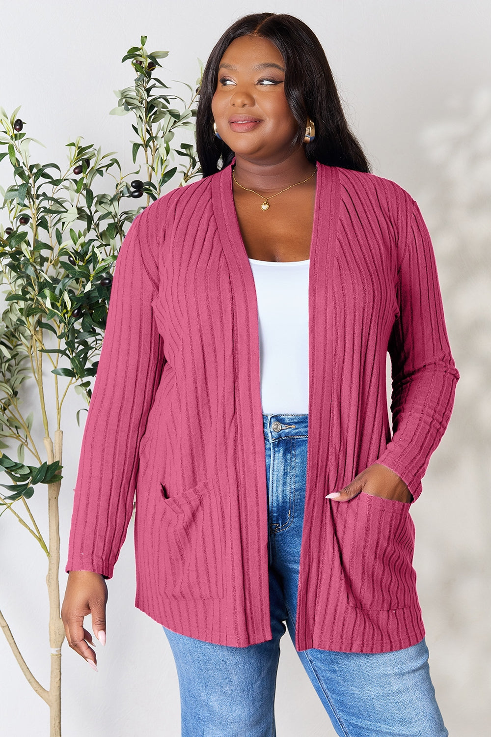 PRE-ORDER: Basic Bae Full Size Ribbed Open Front Cardigan with Pockets