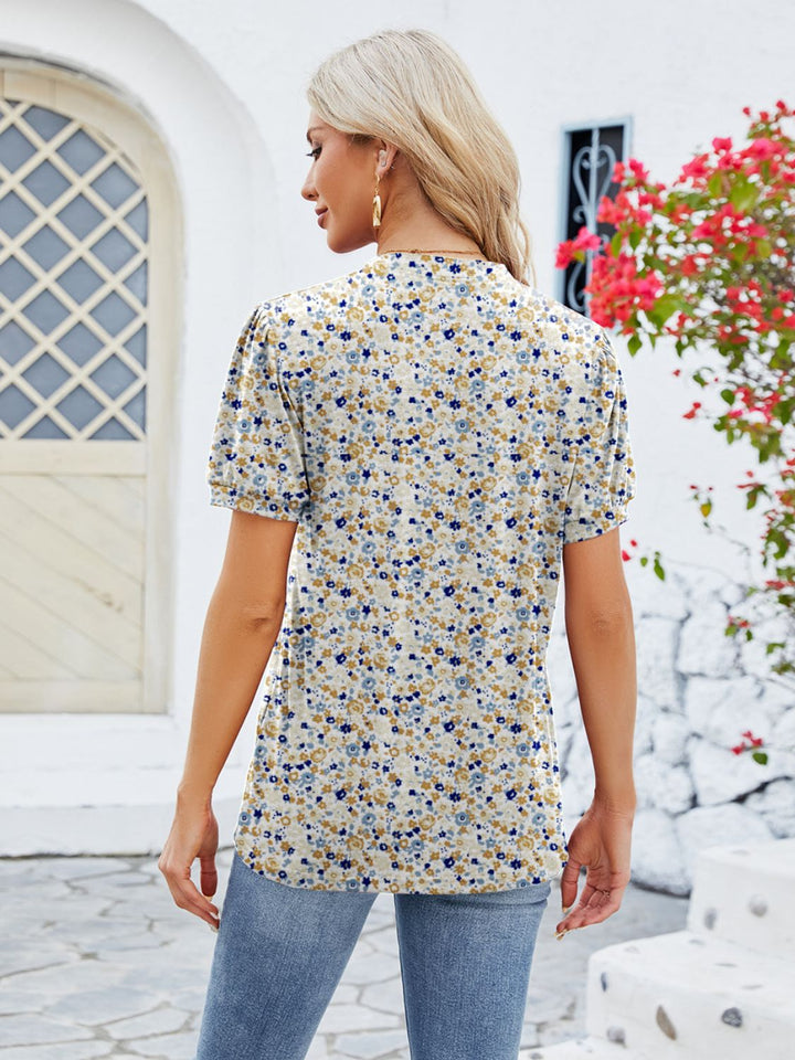 PRE-ORDER: Ruched Printed Notched Short Sleeve Blouse