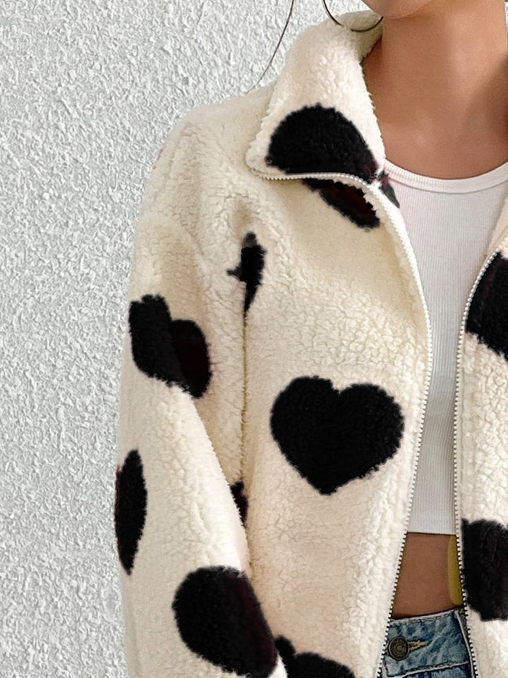 PRE-ORDER: Heart Zip Up Drop Shoulder Furry Jacket