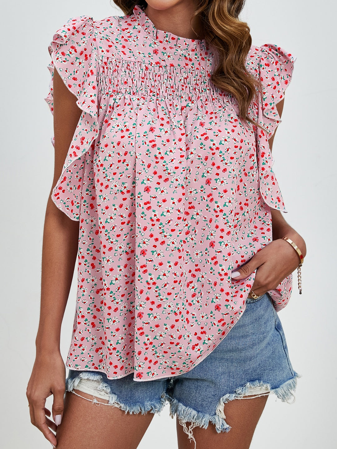 PRE-ORDER: Ruffled Ditsy Floral Mock Neck Cap Sleeve Blouse